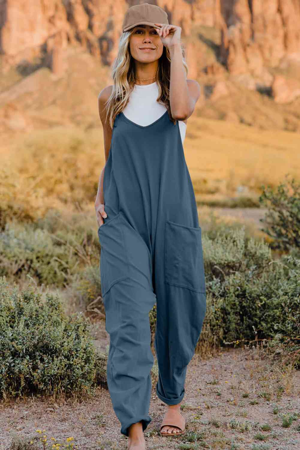 Double Take V Neck Sleeveless Jumpsuit with Pocket Birch and Oak